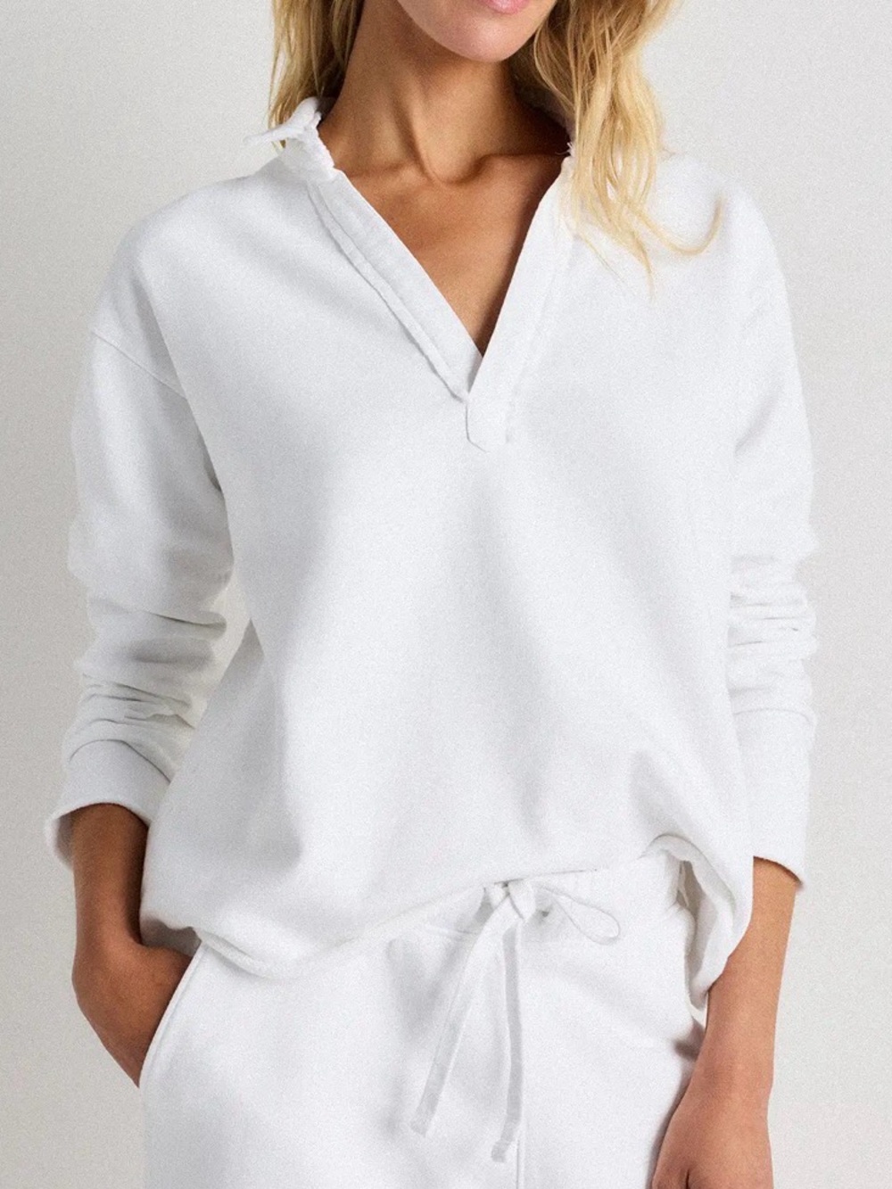 Quince Organic Cotton White Pullover Sweatshirt Relaxed Collared V-Neck Sz M